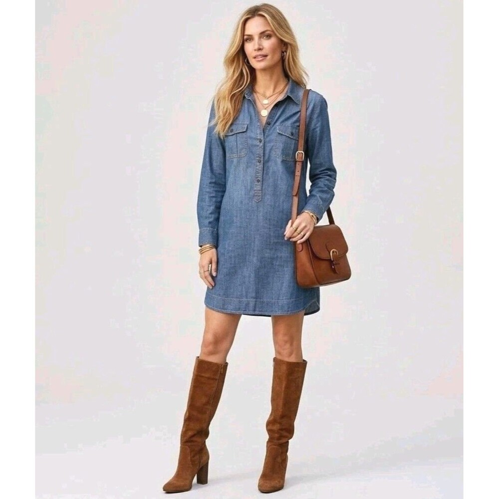 J. Crew Denim Chambray Shirtdress Women's Large Blue Long Sleeve Mini Dress L